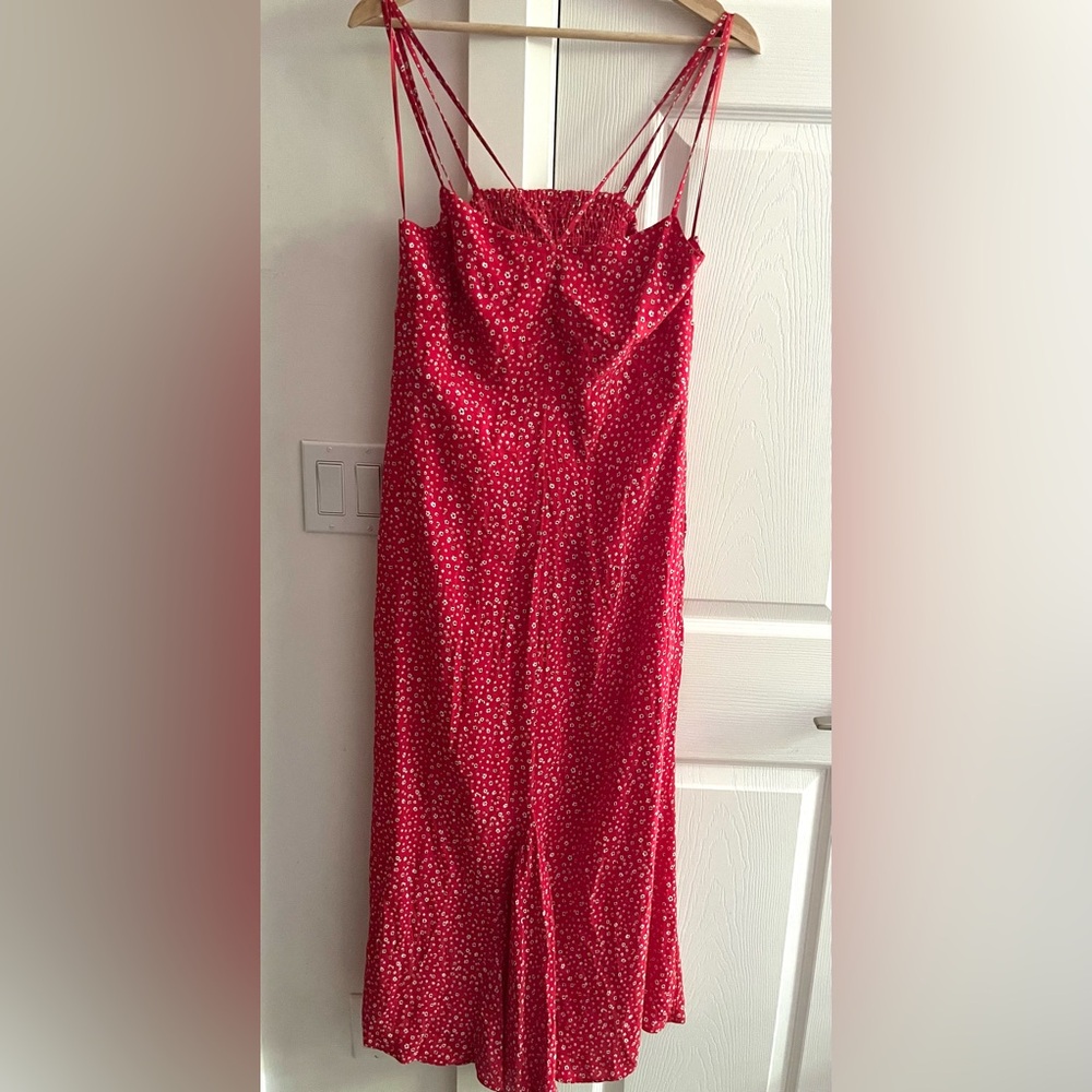 NWOT Zara Floral Polka Dot Criss Cross Midi  Red Dress With Cut-Out Back  Size L
